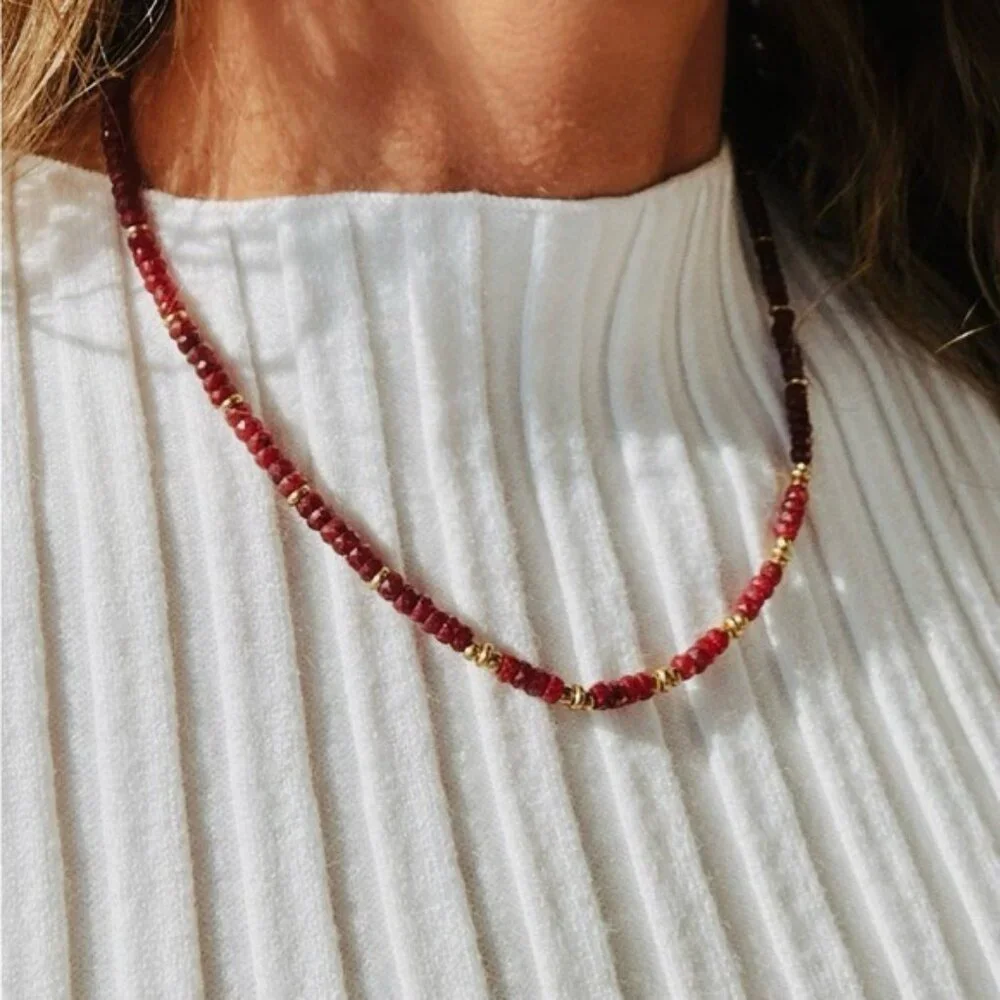 Ruby Beaded Necklace Gold Waterproof Chain July Birthstone Ruby Gemstone Jewelry - Picture 9 of 14